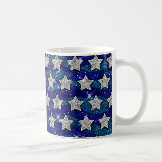 Taza De Café Estrellas plateadas purpurina Purpurina Olas azule