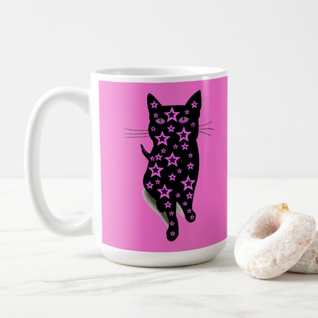 Taza De Café Estrellas rosas y tipografía de gatos negros (Con donut)