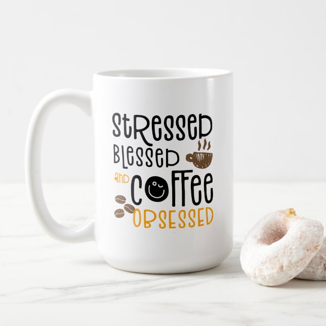 Taza De Café Estresado Bendecido y Obsesionado con el Café, (Con donut)