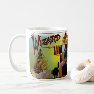 Taza De Café Etiqueta de cigarro vintage, Mago Mágico con gato 