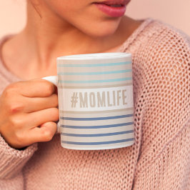 Taza De Café Etiqueta de Momlife azul y blanco beige