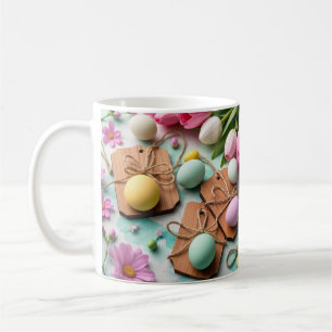 Taza De Café Etiquetas rústicas de madera con huevos de Pascua 