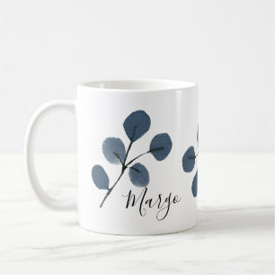 Taza De Café Eucalipto azul botánico pintado a mano con acuarel
