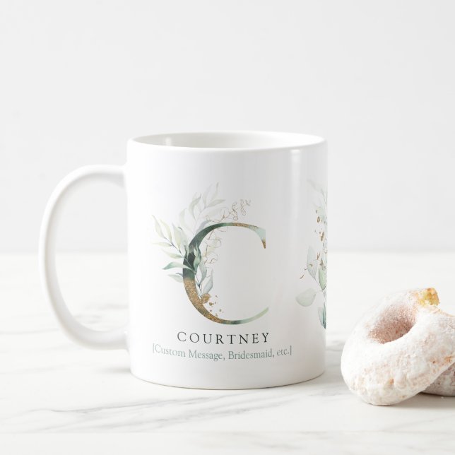 Taza De Café Eucalyptus Gold Monograma inicial C Moda verde (Con donut)