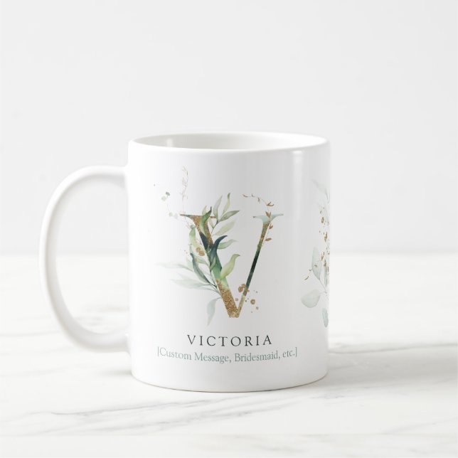 Taza De Café Eucalyptus Gold Monograma Inicial V Moda Verde (Izquierda)