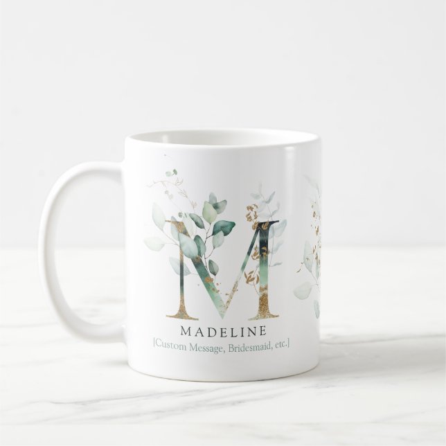 Taza De Café Eucalyptus Gold Monograma Primer M Moda de la vege (Izquierda)