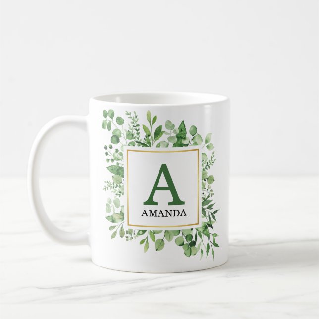Taza De Café Eucalyptus Green Foliage Monogramed Mug (Izquierda)