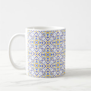 Taza De Café European Floral Blue and Gold Geometric Mosaic