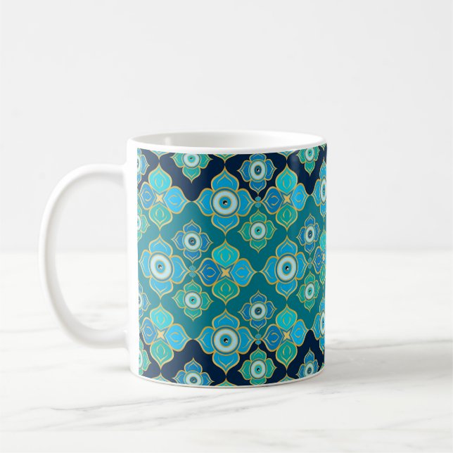 Taza De Café Evil Eye Pattern - Blue Teal and gold (Izquierda)