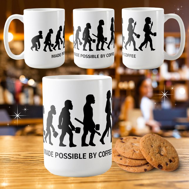 Taza De Café Evolución divertida posibilitada por (Shown in 15oz. Available in multiple sizes, styles and colors. )