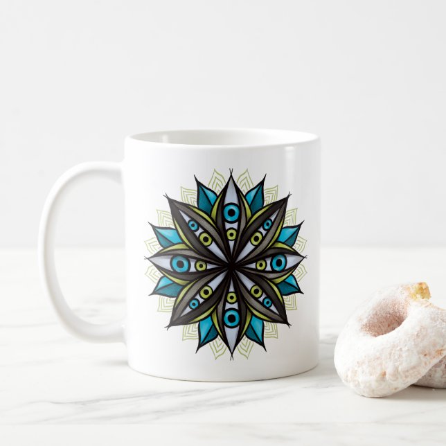 Taza De Café Extraños Ojos Mandala Art - Trippy Flor Azul Verde (Con donut)