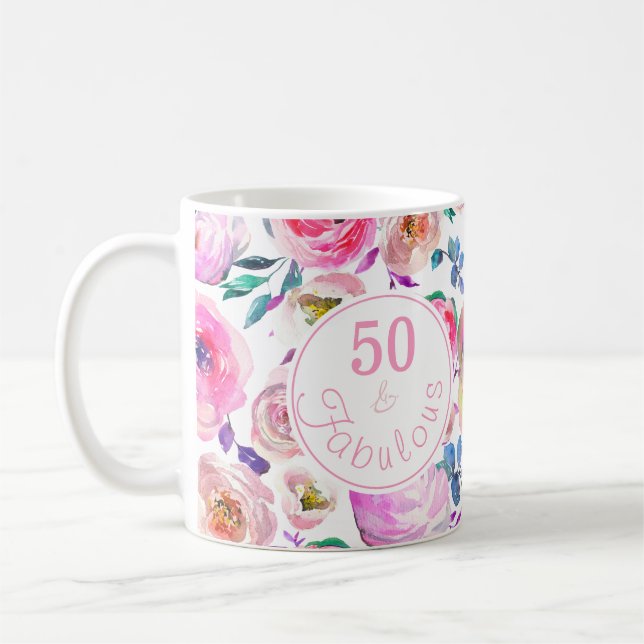 Taza De Café Fabulosos 50 años Rosas morados rosados Peonies (Izquierda)