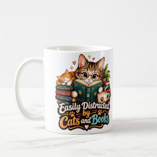 Taza De Café Fácilmente Distraído por Gatos y Libros Adorable A