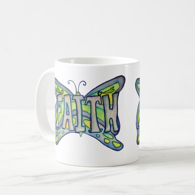 Taza De Café Faith Word Art Blue Butterfly Wings Coffee Cup (Anverso izquierdo)