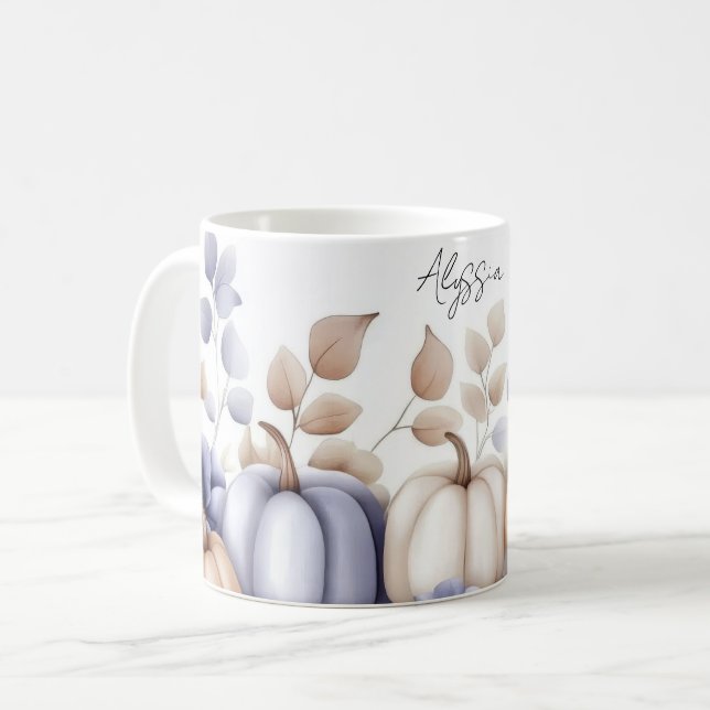 Taza De Café Fall Mug with blue and beige Pumpkins and Flowers (Anverso izquierdo)