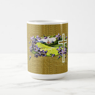 Taza De Café Falsa cruz cristiana de Pascua de la hoja de oro