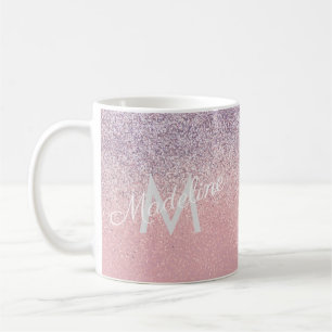 Taza De Café Falso brillo monogramado rosa y púrpura brillante 