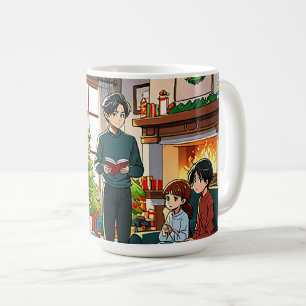 Taza De Café Familia alrededor de la chimenea en los Navidades