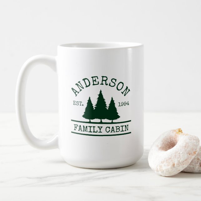 Taza De Café Familia Cabina Nombre Árboles Pinos Verdes (Con donut)