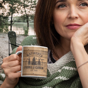 Taza De Café Familia Cabina Nombre Madera Rústica Personalizada