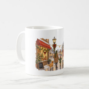 Taza De Café Familia caminando en la calle nevada de Navidad pa