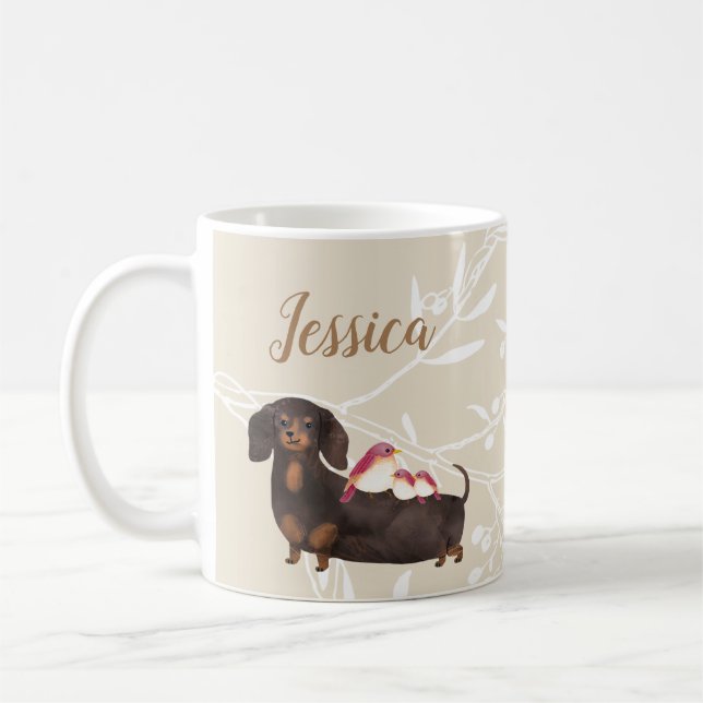 Taza De Café Familia Dachshund y Aves (Izquierda)