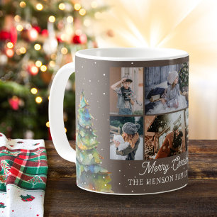 Taza De Café Familia de acuarela de árbol de Navidad 6 Collage
