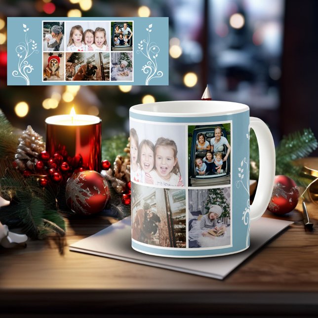 Taza De Café Familia de Navidades azules de follaje de 6 Collag (Subido por el creador)