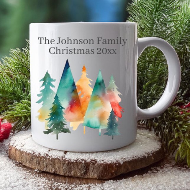 Taza De Café Familia de Navidades de Árboles Forestales de acua (Festive watercolor trees Christmas family mug with name and year)