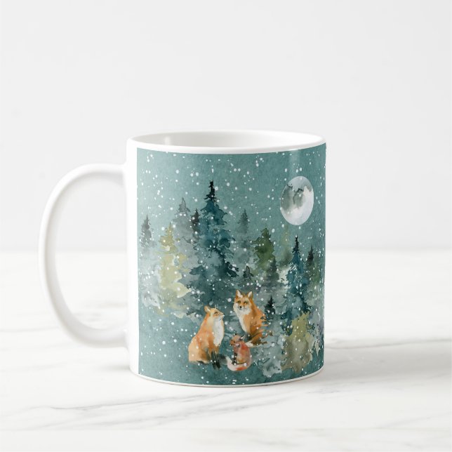 Taza De Café Familia Fox en la nieve de la luna llena de bosque (Izquierda)