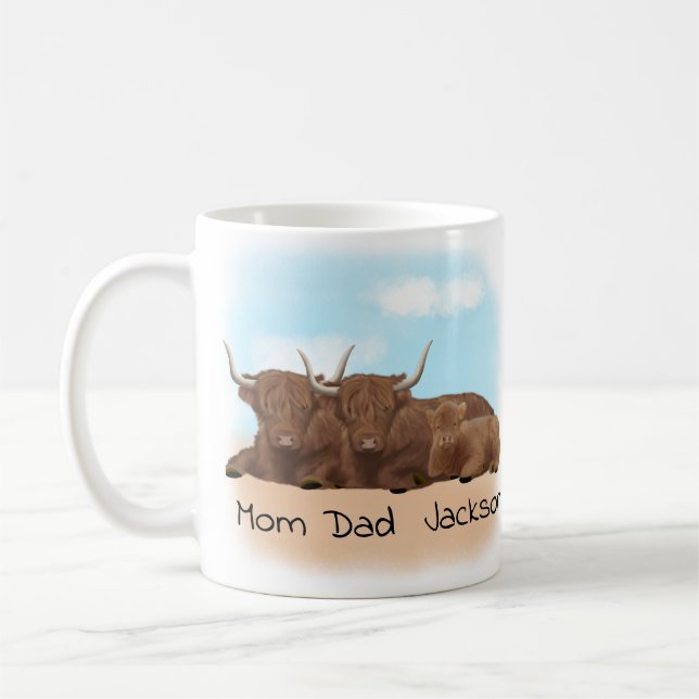 Taza De Café Familia personalizada de vacas de Highland (Izquierda)