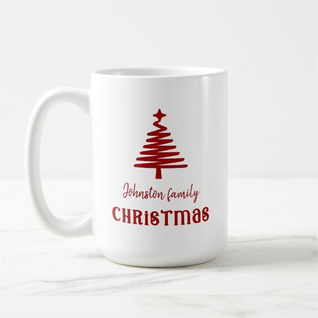 Taza De Café familia personalizado árbol de Navidad simple rojo (Izquierda)