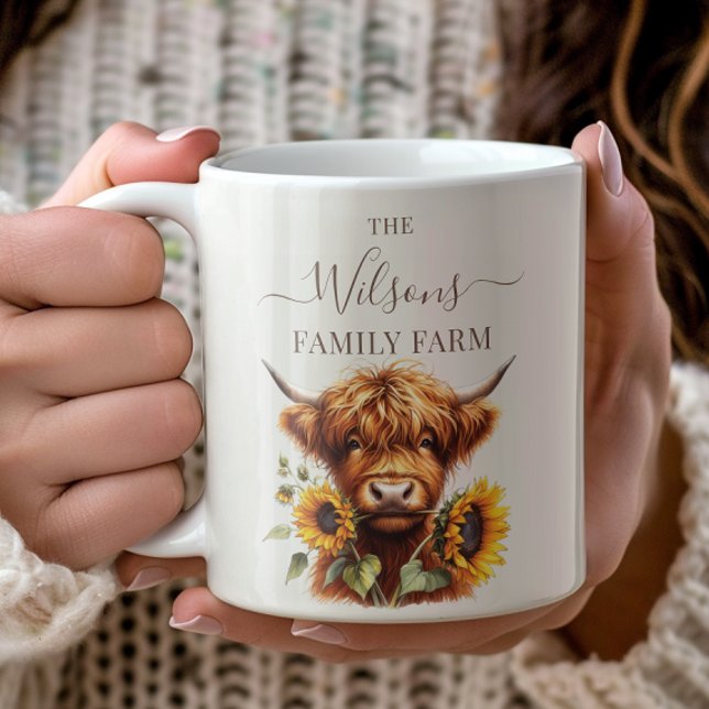 Taza De Café Family Farm Rustic Sunflower Highland Cow (Subido por el creador)