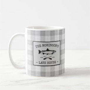 Taza De Café Family Lake House Oars Fish Rústico White Plaid