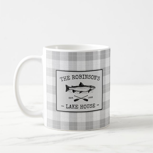 Taza De Café Family Lake House Oars Fish Rústico White Plaid (Izquierda)