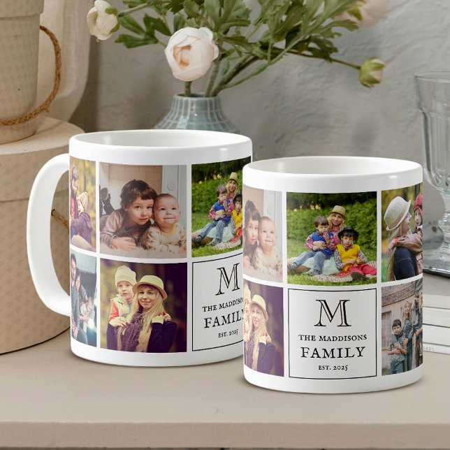 Taza De Café Family Monogram 9 Photo Collage and Custom Text (Subido por el creador)