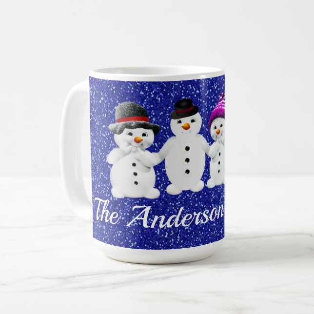 Taza De Café Family of Four Snowmen Blue Sparkle Winter     (Anverso izquierdo)