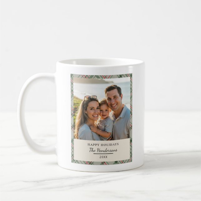 Taza De Café Family Photo Christmas Plaid Sage Green Tartan (Izquierda)