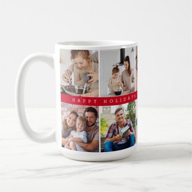 Taza De Café Family Photo Grid Red Happy Holidays band Custom (Izquierda)