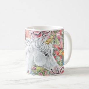 Taza De Café Fantasía fina Unicornio rosa floral tropical