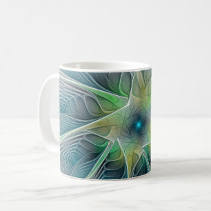 Taza De Café Fantasía Flor Fractal Verde Azul
