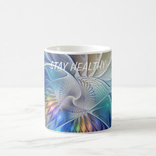 Taza De Café Fantasía floral, flor fractal abstracta colorida