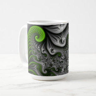Taza De Café Fantasía Mundo Arte Fractal Verde Y Gris Resumen