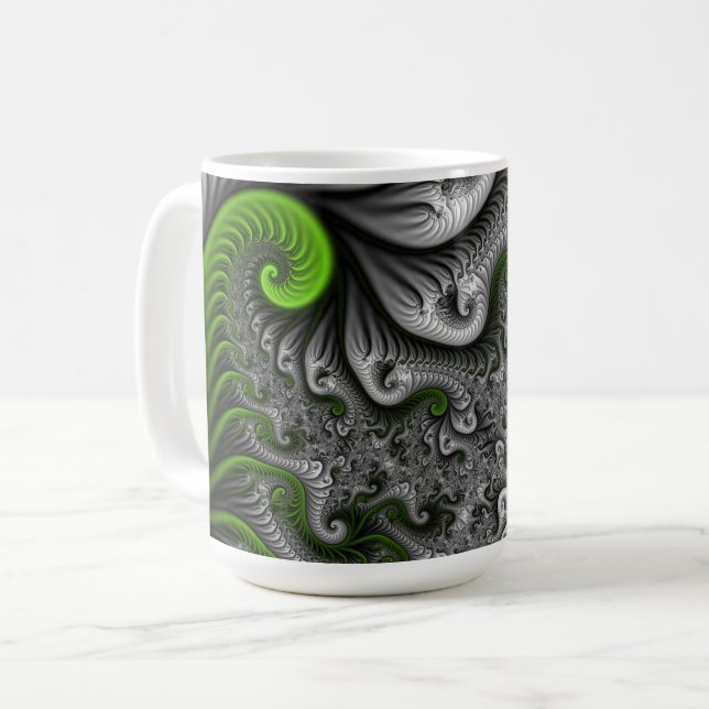 Taza De Café Fantasía Mundo Arte Fractal Verde Y Gris Resumen (Anverso izquierdo)