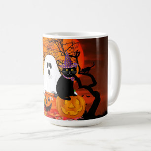 Taza De Café Fantasma aterrador de Halloween y gato negro 