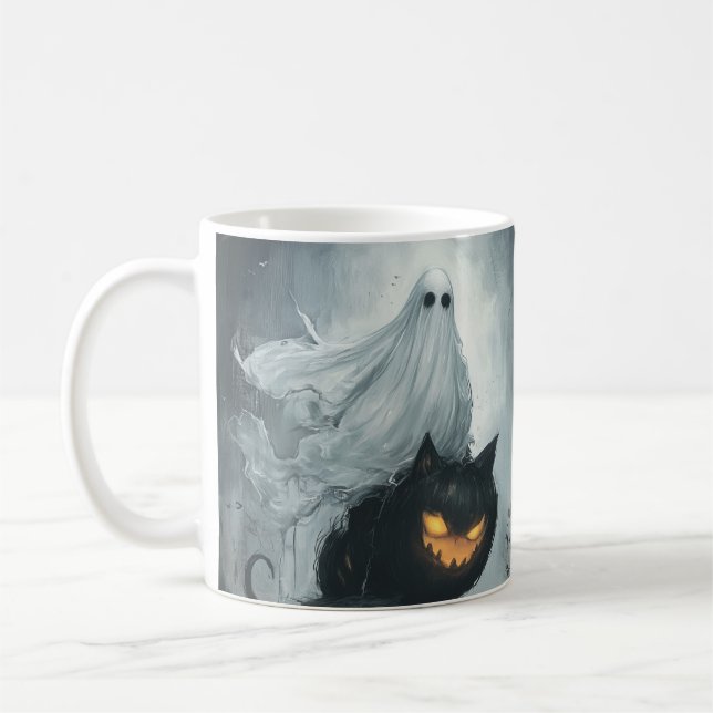 Taza De Café Fantasma de Halloween montando un gato negro (Izquierda)