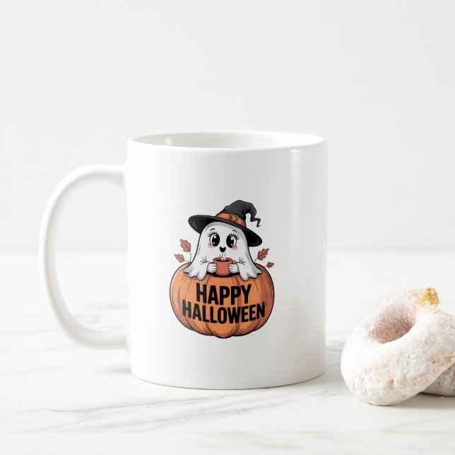 Taza De Café Fantasma de la cafetería de Halloween (Con donut)