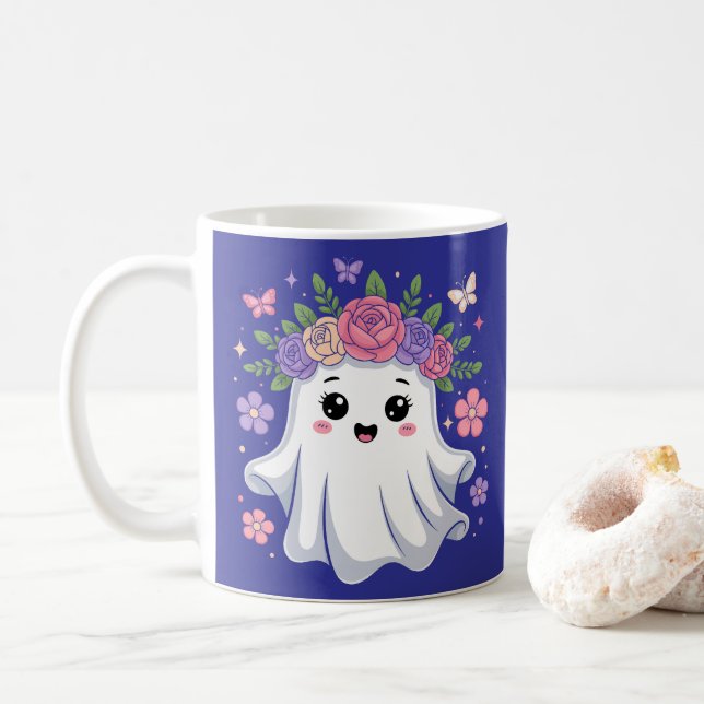 Taza De Café Fantasma floral cúpula Kawaii Fantasma Halloween (Con donut)