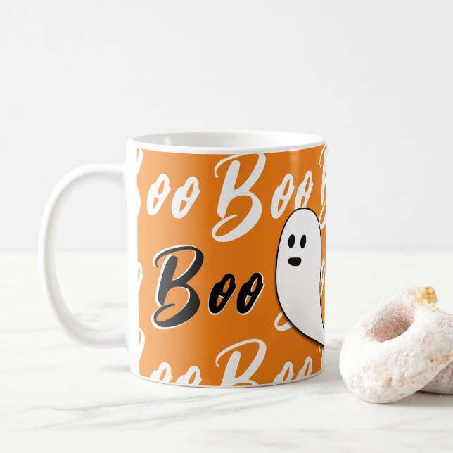 Taza De Café Fantasma Halloween naranja blanco negro (Con donut)