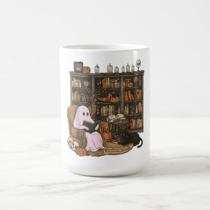 Taza De Café Fantasma leyendo libro Amante de los gatos Hallowe